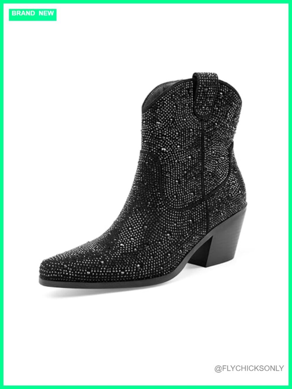 Sparkly Rhinestone Western Ankle Boots Pointed Toe Block Heel Cowgirl Booties